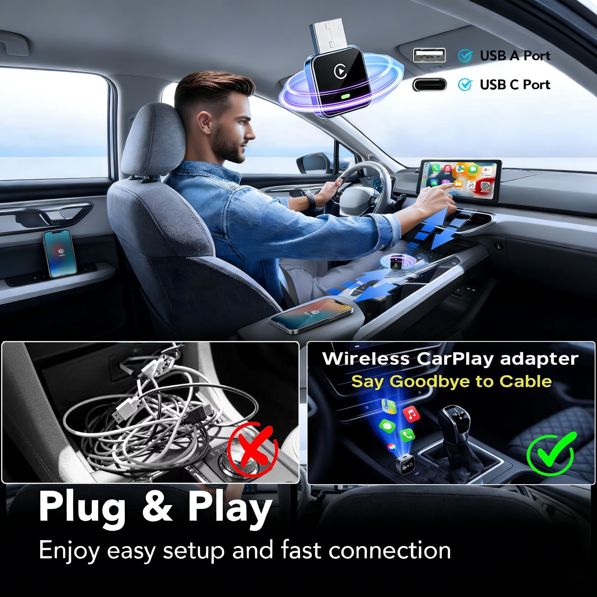 2026 Upgraded 2-in-1 Wireless CarPlay Adapter for Apple iPhone & Android, Plug and Play, Realtek 8730E Chip Fast&Stable Connection & No Latency, Wired to Wireless Adapter, USB-A/Type-C Port, CM101 - Image 3