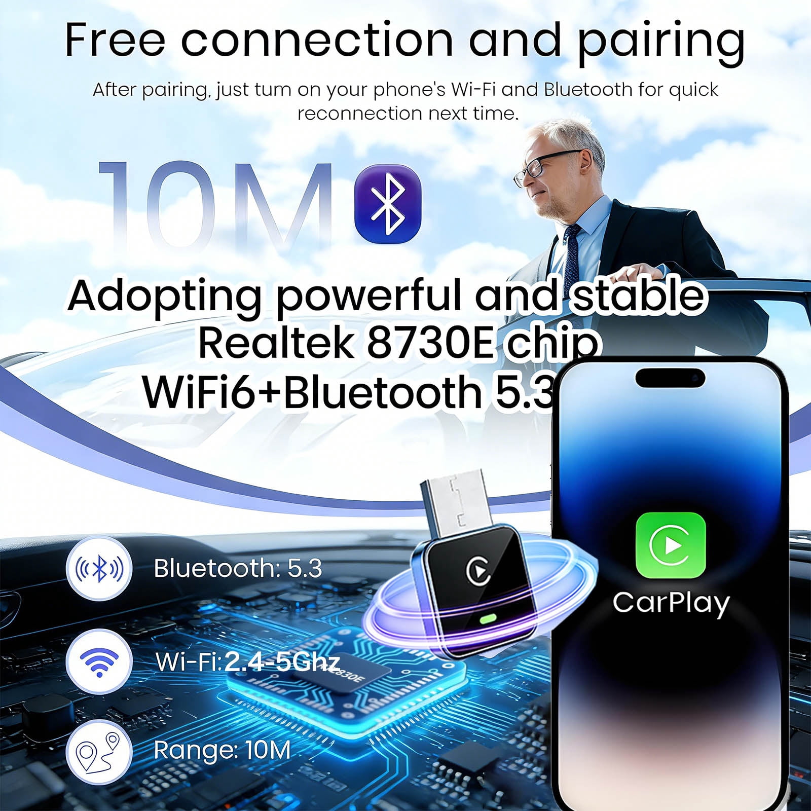 2026 Upgraded 2-in-1 Wireless CarPlay Adapter for Apple iPhone & Android, Plug and Play, Realtek 8730E Chip Fast&Stable Connection & No Latency, Wired to Wireless Adapter, USB-A/Type-C Port, CM101 - Image 4