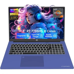 17.3" Gaming Laptop, AMD Ryzen 7 7735HS 8C/16T (Beats i7-12650H), 16GB DDR5 RAM 1TB SSD Computer, Radeon 680M, 100W Type-C, WiFi 6E, 75Wh Battery, Fingerprint, Blue, Windows 11