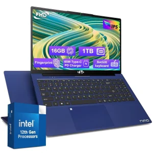 15.6'' FHD IPS High Performance Laptop, 16GB RAM 1TB SSD, Type-C 65W PD Fast Charger, Intel Pentium Quad-Core N100 Processor, Win 11 Fingerprint Backlit Keyboard Wi-Fi 6 Blue - Image 1