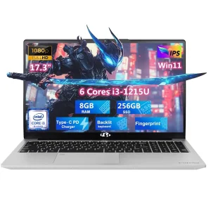 17.3" IPS FHD Laptop, Intel 6 Cores i3-1215U 8GB RAM 256GB SSD (Beat Ryzen 5 7520U, Up to 4.4GHz) Computer with 65W GaN Type C Backlit Keyboard Fingerprint, for Home Student and Business Silver - Image 1