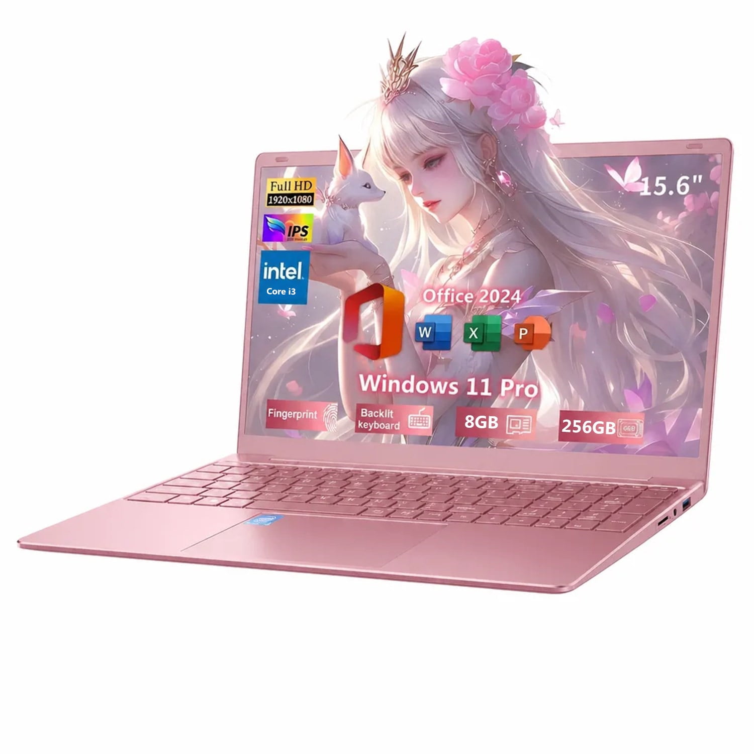 15.6" Pink Laptop, 2026 NEW IPS FHD Laptop, Office 2024, Windows11 Pro, Intel Core i3, 8GB RAM 256GB SSD, Backlit Keyboard Fingerprint Reader, Thin and Light notebook PC computer for Girls and Lady - Image 1