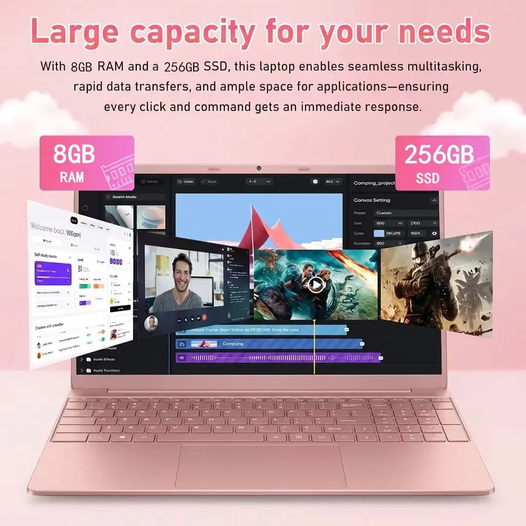 2026 New 15.6" FHD Student Laptop, Office 2024, Win11 Pro, 8GB RAM 256GB SSD, Intel Core i3 Processor, Backlit Keyboard, Fingerprint Reader, IPS USB3.0 Webcam WiFi5 for Study and Office Work, Pink - Image 4