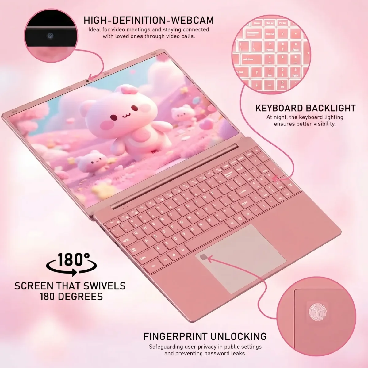 2026 New 15.6" FHD Student Laptop, Office 2024, Win11 Pro, 8GB RAM 256GB SSD, Intel Core i3 Processor, Backlit Keyboard, Fingerprint Reader, IPS USB3.0 Webcam WiFi5 for Study and Office Work, Pink - Image 5