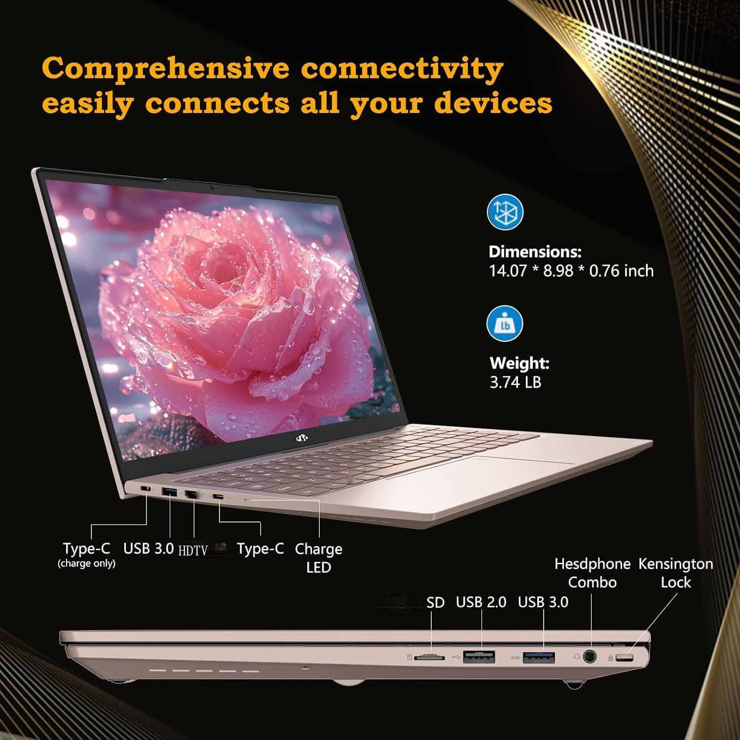 15.6 inch Laptop Computer Windows 11, with Intel N100 Processor, FHD IPS (1920x1080),16GB RAM 256 SSD(Rose Gold) - Image 11