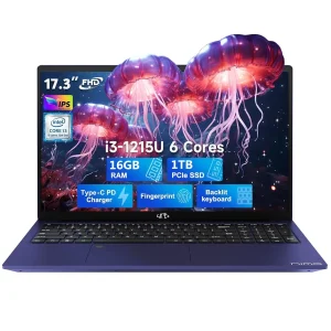 17.3" FHD IPS Business Laptop, 16GB RAM 1TB SSD, 12th Gen Intel Core i3-1215U (6-Cores Up to 4.4GHz Beat i5-1135G7), Type-C 65W PD Fast Charger, Win 11, Fingerprint Backlit Keyboard Wi-Fi 6 Blue