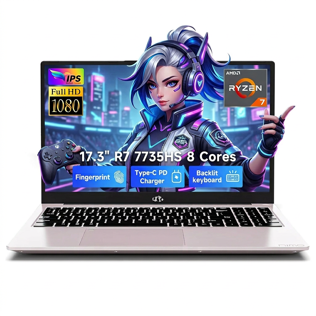 17.3" FHD Gaming Laptop 64GB DDR5 RAM 2TB SSD AMD Ryzen 7 7735HS Processor (8 Cores, Beats i7-12650H) with AMD Radeon 680M Graphics 100W Type-C Wi-Fi 6E Backlit Keyboard Fingerprint RoseGold