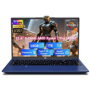 15.6" FHD Gaming Laptop, 8 Cores AMD Ryzen 7 Pro 6850U 16GB LPDDR5 RAM 1TB SSD (Beat i7-1360P Up to 4.7GHz) AMD Radeon 680M GPU IPS FHD Computer with 100W Type-C Backlit Keyboard Fingerprint Blue