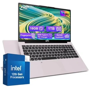 15.6 FHD IPS High Performance Laptop, 16GB RAM 1TB SSD, Type-C 65W PD Fast Charger, Intel Pentium Quad-Core N100 Processor, Win 11 Fingerprint Backlit Keyboard Wi-Fi 6 RoseGold