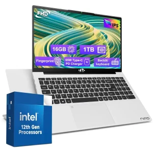 15.6 FHD IPS High Performance Laptop, 16GB RAM 1TB SSD, Type-C 65W PD Fast Charger, Intel Pentium Quad-Core N100 Processor, Win 11 Fingerprint Backlit Keyboard Wi-Fi 6 Silver