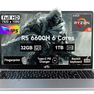 15.6" Business-gaming-Laptop 6-Cores AMD Ryzen 5 6600H 660M 6nm GPU 32GB DDR5 1TB SSD(up to 4.5GHz) Windows11 100W Type-C FHD IPS Laptop-Computer with Fingerprint Backlit Keyboard WiFi5