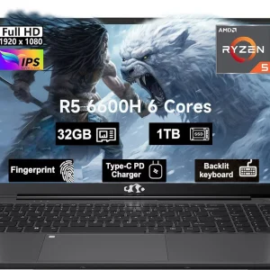 15.6" Business-gaming-Laptop 6-Cores AMD Ryzen 5 6600H 660M 6nm GPU 32GB DDR5 1TB SSD(up to 4.5GHz) Windows11 100W Type-C FHD IPS Laptop-Computer with Fingerprint Backlit Keyboard WiFi5