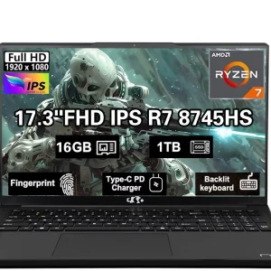 17.3" IPS FHD-Gaming-Laptop, AMD Ryzen 7 8745HS 16GB DDR5 RAM 1TB SSD ( up to 4.9GHz) Radeon 780M Graphics Business Computer with 100W Type-C Backlit Keyboard, Fingerprint USB-C 4.0