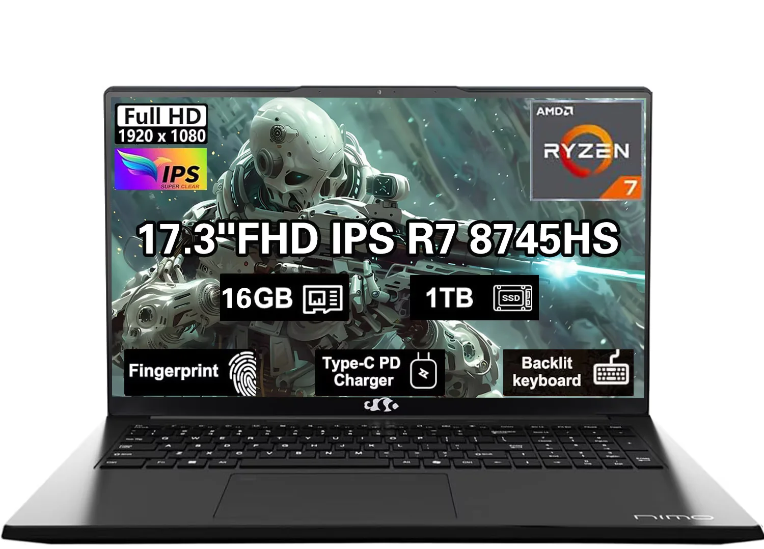 17.3" IPS FHD-Gaming-Laptop, AMD Ryzen 7 8745HS 16GB DDR5 RAM 1TB SSD ( up to 4.9GHz) Radeon 780M Graphics Business Computer with 100W Type-C Backlit Keyboard, Fingerprint USB-C 4.0
