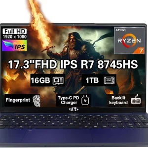 17.3" IPS FHD-Gaming-Laptop, AMD Ryzen 7 8745HS 16GB DDR5 RAM 1TB SSD ( up to 4.9GHz) Radeon 780M Graphics Business Computer with 100W Type-C Backlit Keyboard, Fingerprint USB-C 4.0