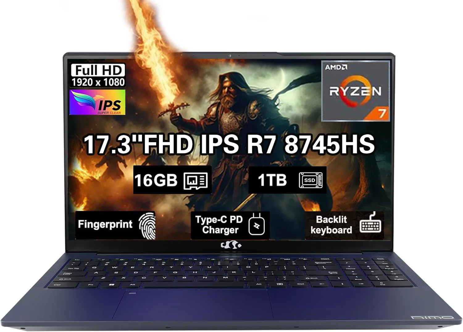 17.3" IPS FHD-Gaming-Laptop, AMD Ryzen 7 8745HS 16GB DDR5 RAM 1TB SSD ( up to 4.9GHz) Radeon 780M Graphics Business Computer with 100W Type-C Backlit Keyboard, Fingerprint USB-C 4.0