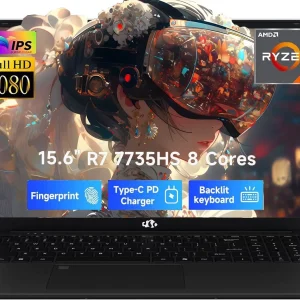 15.6" FHD IPS Gaming Laptop - AMD Ryzen 7 7735HS (8-Core) Computer with Radeon 680M , 64GB DDR5 RAM, 1TB SSD, Backlit Keyboard, 100W Type-C, Fingerprint