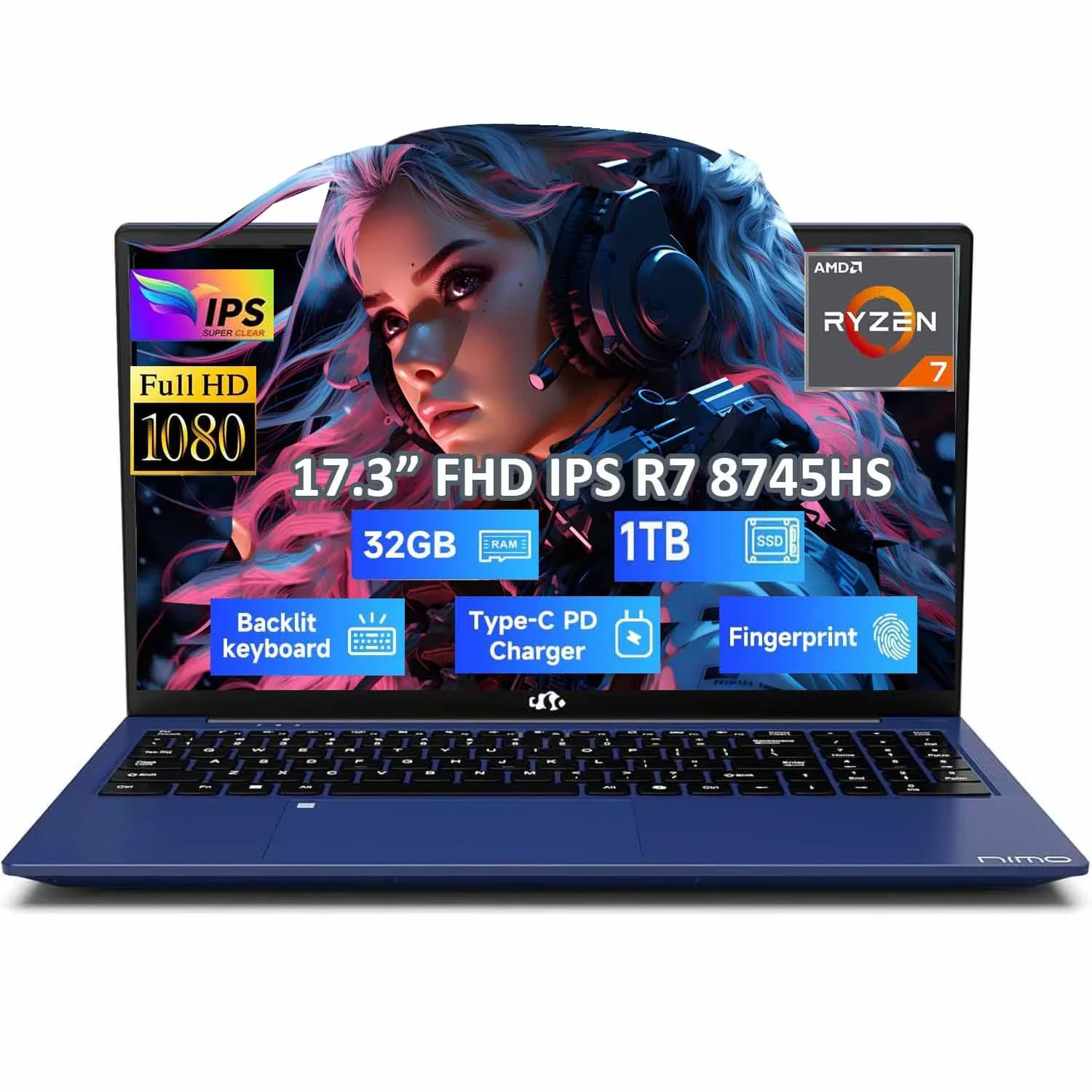 17.3" IPS FHD-Gaming-Laptop, AMD Ryzen 7 8745HS 32GB DDR5 RAM 1TB SSD (8C/16T, up to 4.9GHz) Radeon 780M Graphics Business Computer with 100W Type-C Backlit Keyboard, Fingerprint USB-C 4.0