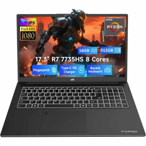17.3" Gaming-Laptop, AMD R7 7735HS (8C/16T, Beats i7-12650H) 16GB DDR5 RAM 512GB SSD Computer with Radeon 680M, 100W Type-C, Wi-Fi 6E, 75Wh Battery, Fingerprint, Backlit Keyboard for Business