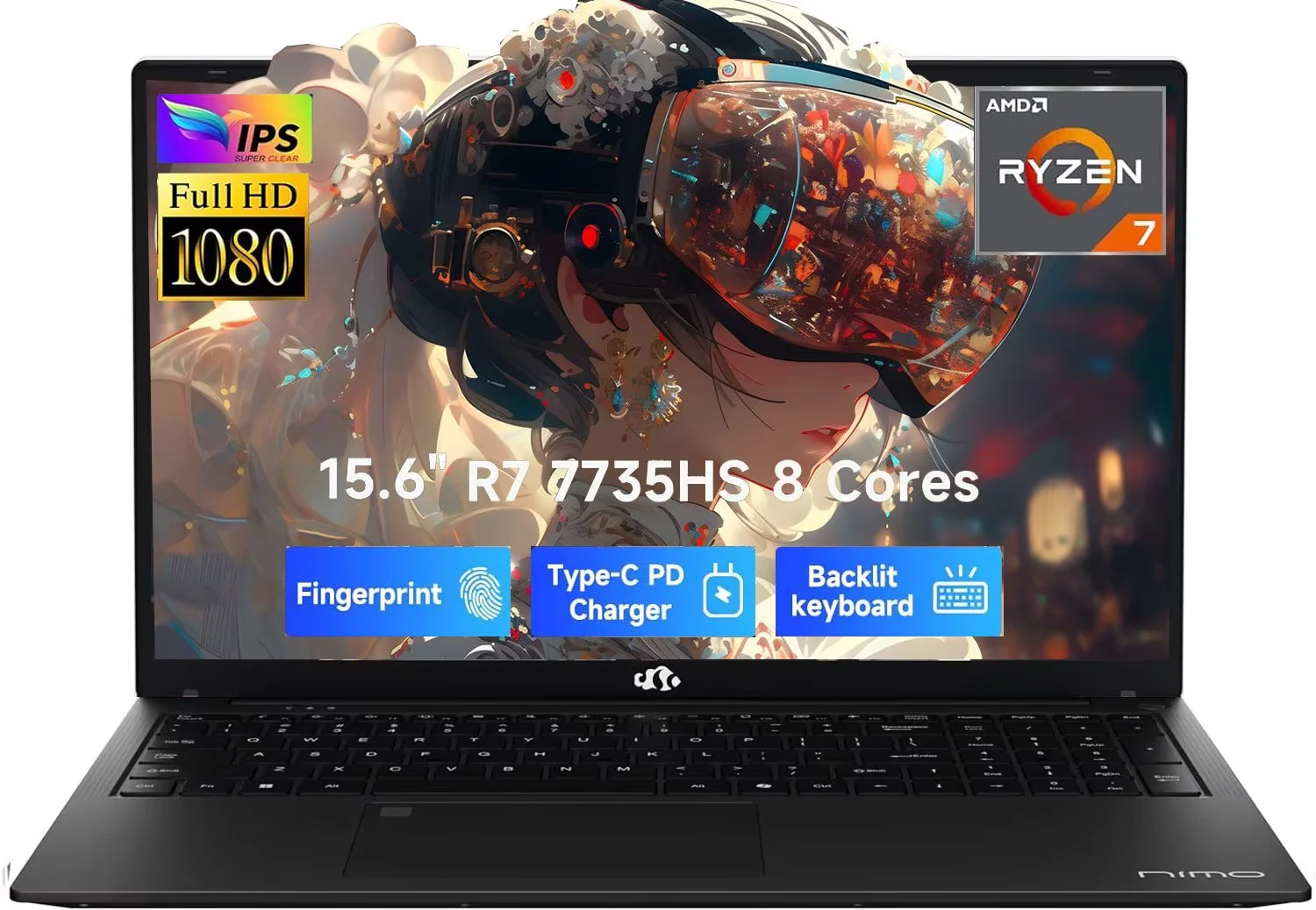 15.6" FHD IPS Gaming Laptop - AMD Ryzen 7 7735HS (8-Core) Computer with Radeon 680M , 16GB DDR5 RAM, 512GB SSD, Backlit Keyboard, 100W Type-C, Fingerprint