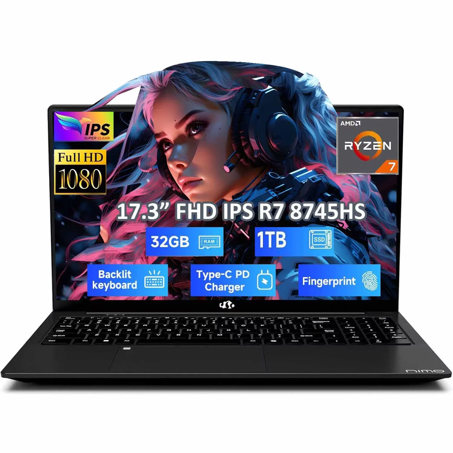 17.3" IPS FHD-Gaming-Laptop, AMD Ryzen 7 8745HS 32GB DDR5 RAM 1TB SSD (8C/16T, up to 4.9GHz) Radeon 780M Graphics Business Computer with 100W Type-C Backlit Keyboard, Fingerprint USB-C 4.0