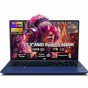 17.3" Gaming Laptop, 32GB DDR5 RAM 1TB SSD AMD Ryzen 5 6600H 6 Cores (Beat i7-1165G7, Up to 4.5GHz) Radeon 660M GPU-Computer with 100W Type-C Backlit Keyboard Fingerprint