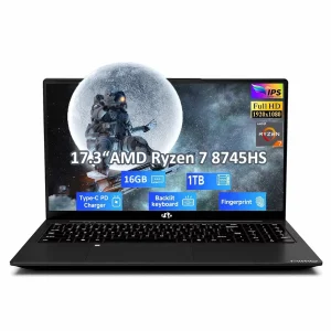 17.3" IPS FHD Gaming Laptop, AMD Ryzen 7 8745HS 16GB DDR5 RAM 1TB SSD (8C/16T, up to 4.9GHz) Radeon 780M Graphics Business Computer with 100W Type-C B USB-C 4.0