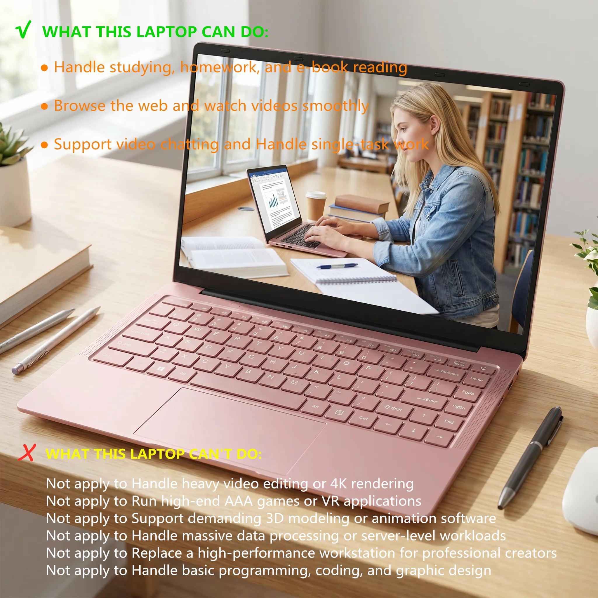 2026 NEW 14.1" Pink Laptop with Rechargeable Silent Mouse, 8GB RAM 128GB SSD, Intel Celeron Processor, HD Display USB3.0 Webcam Notebook Computer for Student, Home Office, Perfect Gift for Lady - Image 4