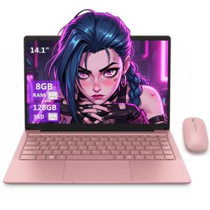 2026 NEW 14.1" Pink Laptop with Rechargeable Silent Mouse, 8GB RAM 128GB SSD, Intel Celeron Processor, HD Display USB3.0 Webcam Notebook Computer for Student, Home Office, Perfect Gift for Lady