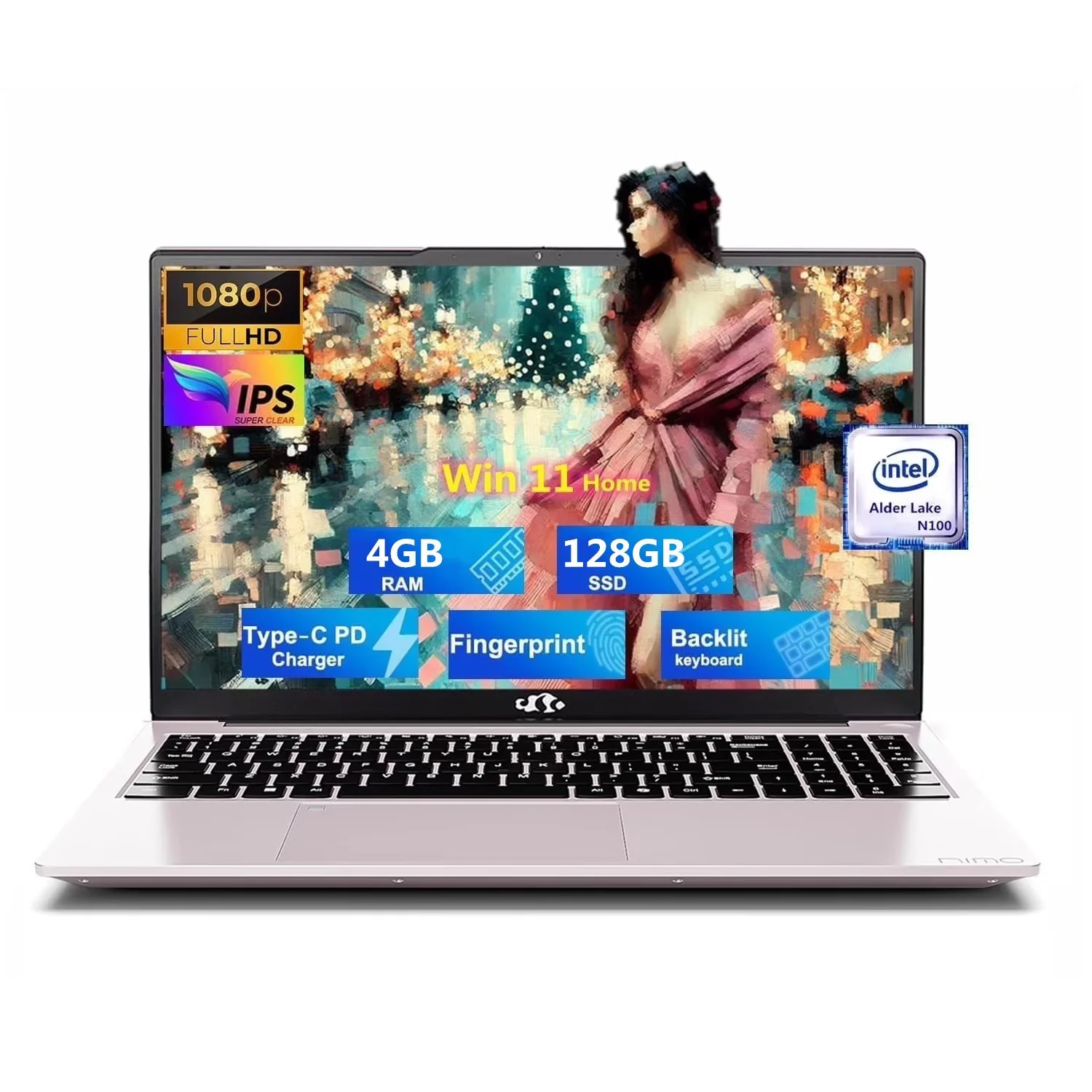 15.6'' FHD Laptop Computer, Windows 11, Intel N100 Processor(Beat to i3 1115G4, Up to 3.4GHz), 4GB RAM 128GB SSD, Fingerprint, Backlit keyboard, Type-C 65W PD Fast Charger (Rose Gold)
