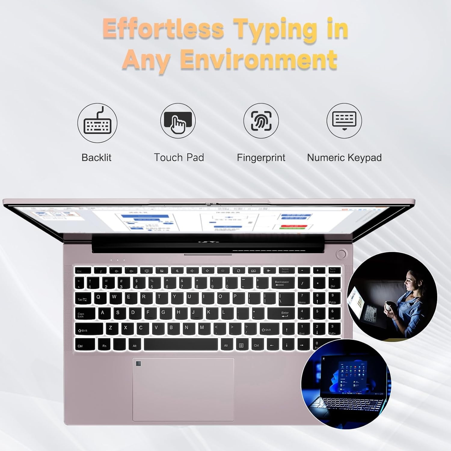 15.6'' FHD Laptop Computer, 16GB RAM 1TB SSD, Type-C 65W PD Fast Charger, 12th Gen Intel N100 Processor, Windows 11, Fingerprint, Backlit keyboard, WiFi 6 (Rose Gold) - Image 3