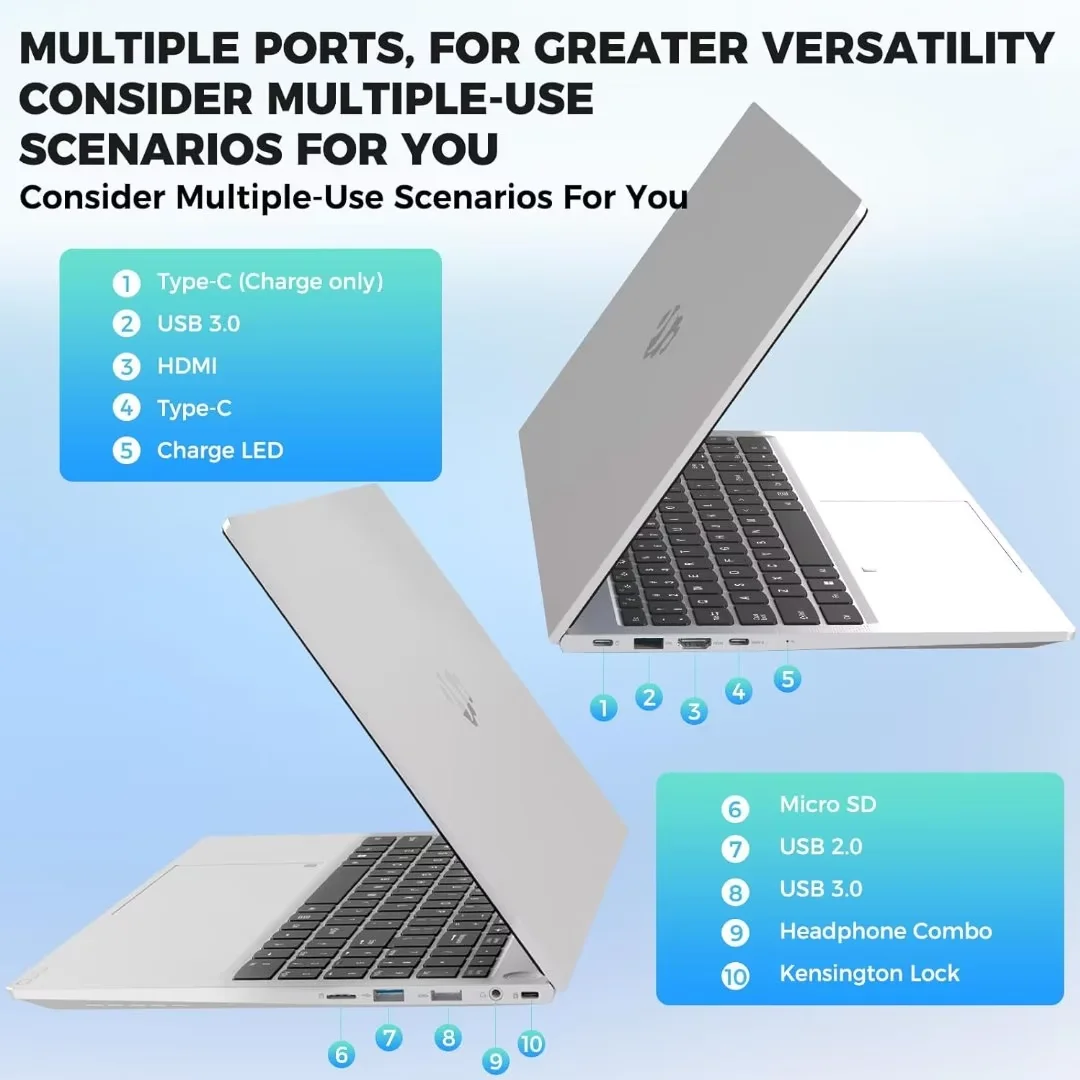 15.6'' FHD Laptop Computer, 16GB RAM 1TB SSD, Type-C 65W PD Fast Charger, Windows 11, 12th Gen Intel N100 Processor, Fingerprint, WiFi 6 (Silver) - Image 2