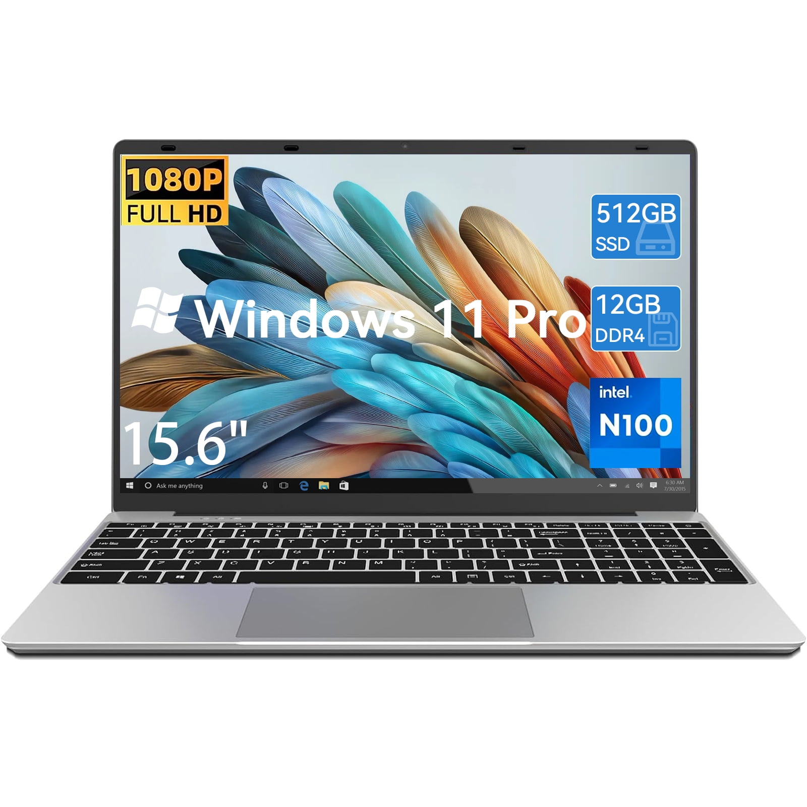 15.6'' FHD Laptop Computer, 16GB RAM 1TB SSD, Type-C 65W PD Fast Charger, Windows 11, 12th Gen Intel N100 Processor, Fingerprint, WiFi 6 (Silver) - Image 9