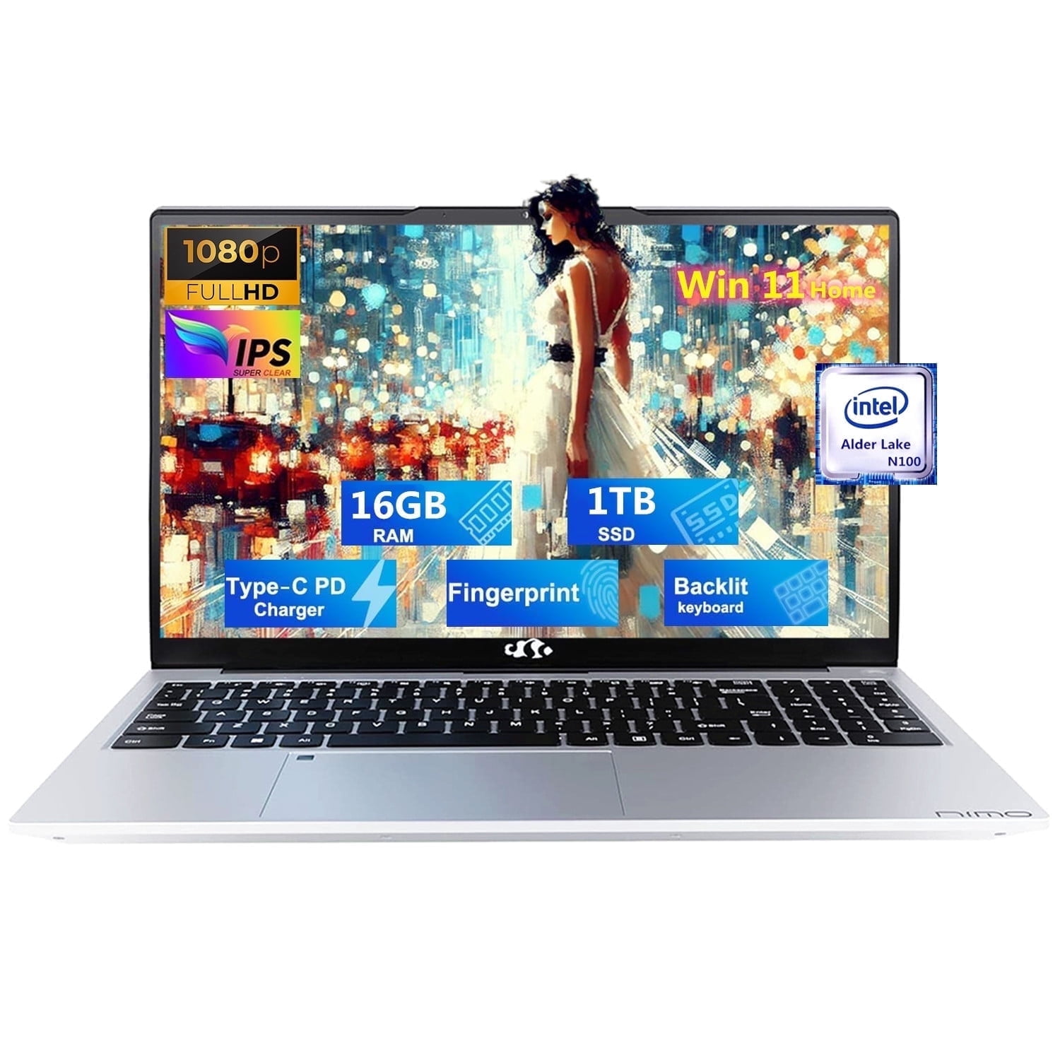 15.6'' FHD Laptop Computer, 16GB RAM 1TB SSD, Type-C 65W PD Fast Charger, Windows 11, 12th Gen Intel N100 Processor, Fingerprint, WiFi 6 (Silver)