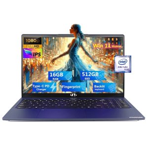 15.6'' FHD Laptop Computer, 16GB RAM 512GB SSD, Type-C 65W PD Fast Charger, Windows 11, 12th Gen Intel N100, Fingerprint, WiFi 6 (Blue)