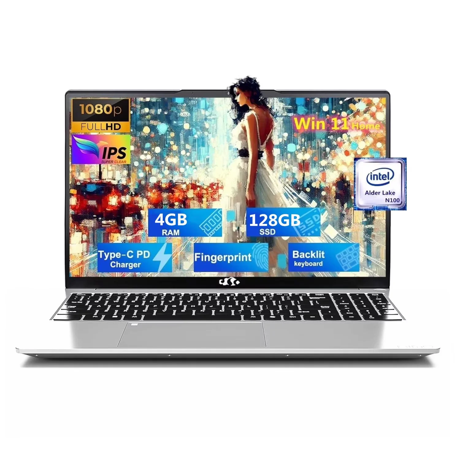 15.6'' FHD Laptop Computer, Windows 11, Intel N100 Processor(Beat to i3 1115G4, Up to 3.4GHz), 4GB RAM 128GB SSD, Fingerprint, Backlit keyboard, Type-C 65W PD Fast Charger (Silver)