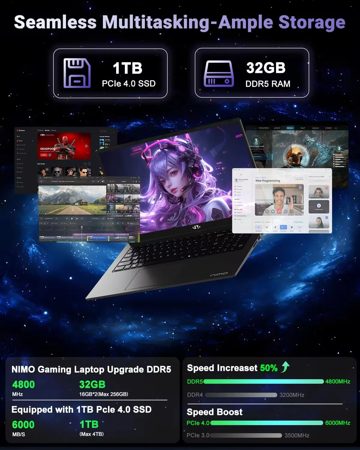 17.3" IPS FHD New Gaming Laptop, AMD Ryzen 7 8745HS 32GB DDR5 RAM 1TB SSD ( up to 4.9GHz) Radeon 780M Graphics Business Computer with 100W Type-C Backlit Keyboard, Fingerprint USB-C 4.0 - Image 4