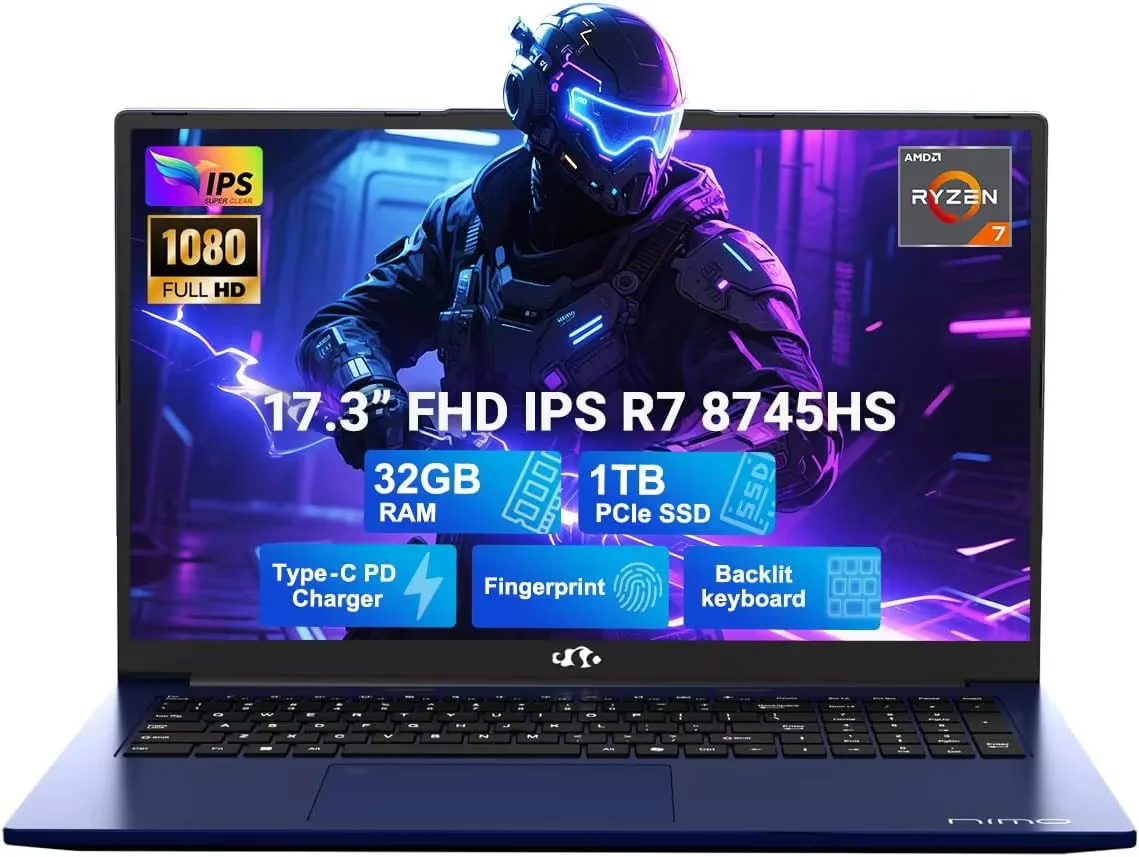 17.3" IPS FHD New Gaming Laptop, AMD Ryzen 7 8745HS 32GB DDR5 RAM 1TB SSD ( up to 4.9GHz) Radeon 780M Graphics Business Computer with 100W Type-C Backlit Keyboard, Fingerprint USB-C 4.0