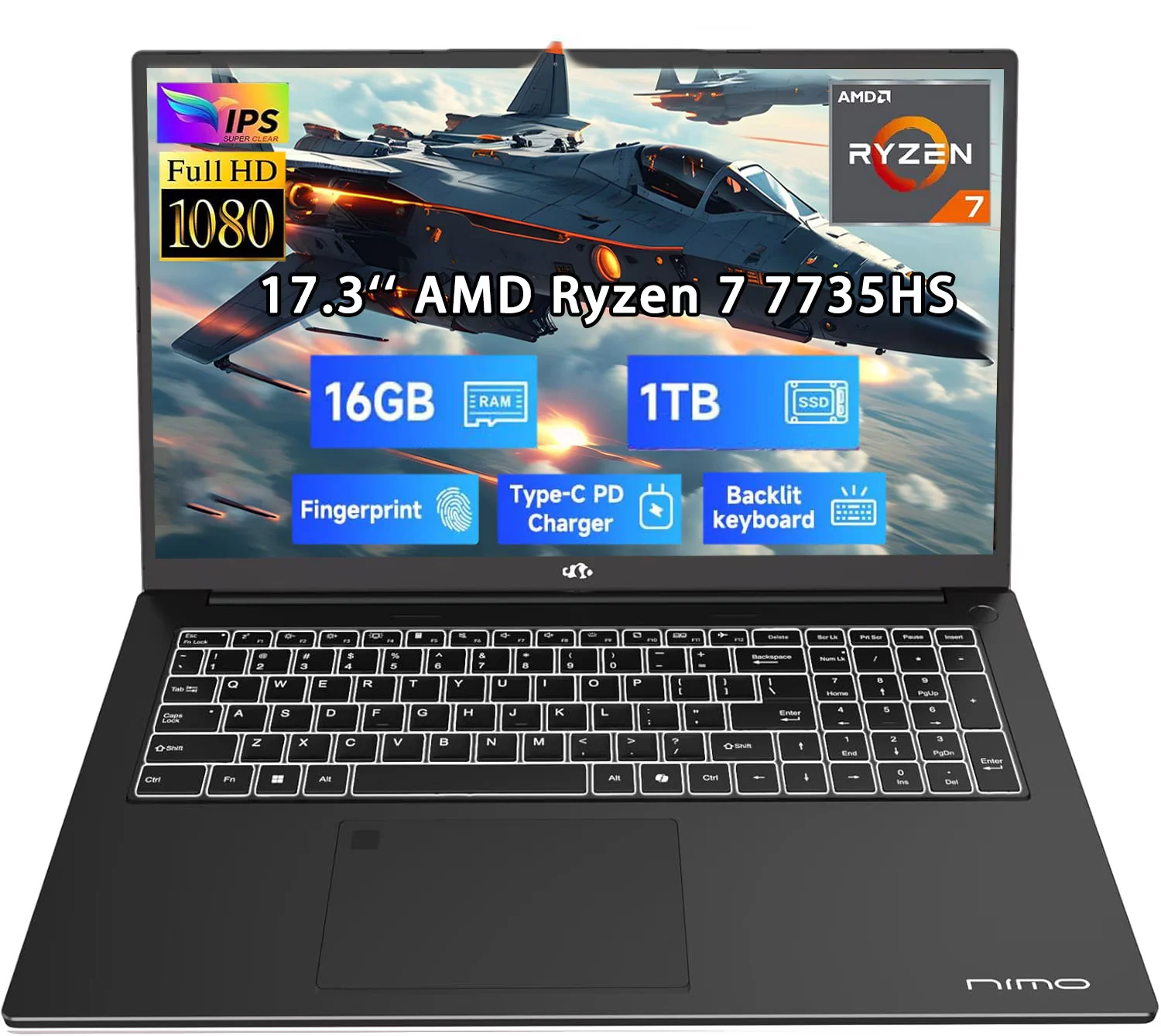 17.3" New Business Laptop, AMD Ryzen 7 7735HS (8C/16T), 16GB RAM 1TB NVMe SSD, Radeon 680M for Light Gaming, PD 100W Type-C WiFi-6E BT5.2 Fingerprint Unlock Backlit Keyboard for Working & Student
