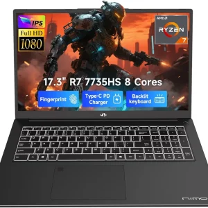 17.3" New Business Laptop, AMD Ryzen 7 7735HS (8C/16T), 16GB RAM 512GB NVMe SSD, Radeon 680M for Light Gaming, PD 100W Type-C WiFi-6E BT5.2 Fingerprint Unlock Backlit Keyboard for Working & Student