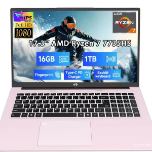 17.3" New Business Laptop, AMD Ryzen 7 7735HS (8C/16T), 16GB RAM 1TB NVMe SSD, Radeon 680M for Light Gaming, PD 100W Type-C WiFi-6E BT5.2 Fingerprint Unlock Backlit Keyboard for Working & Student