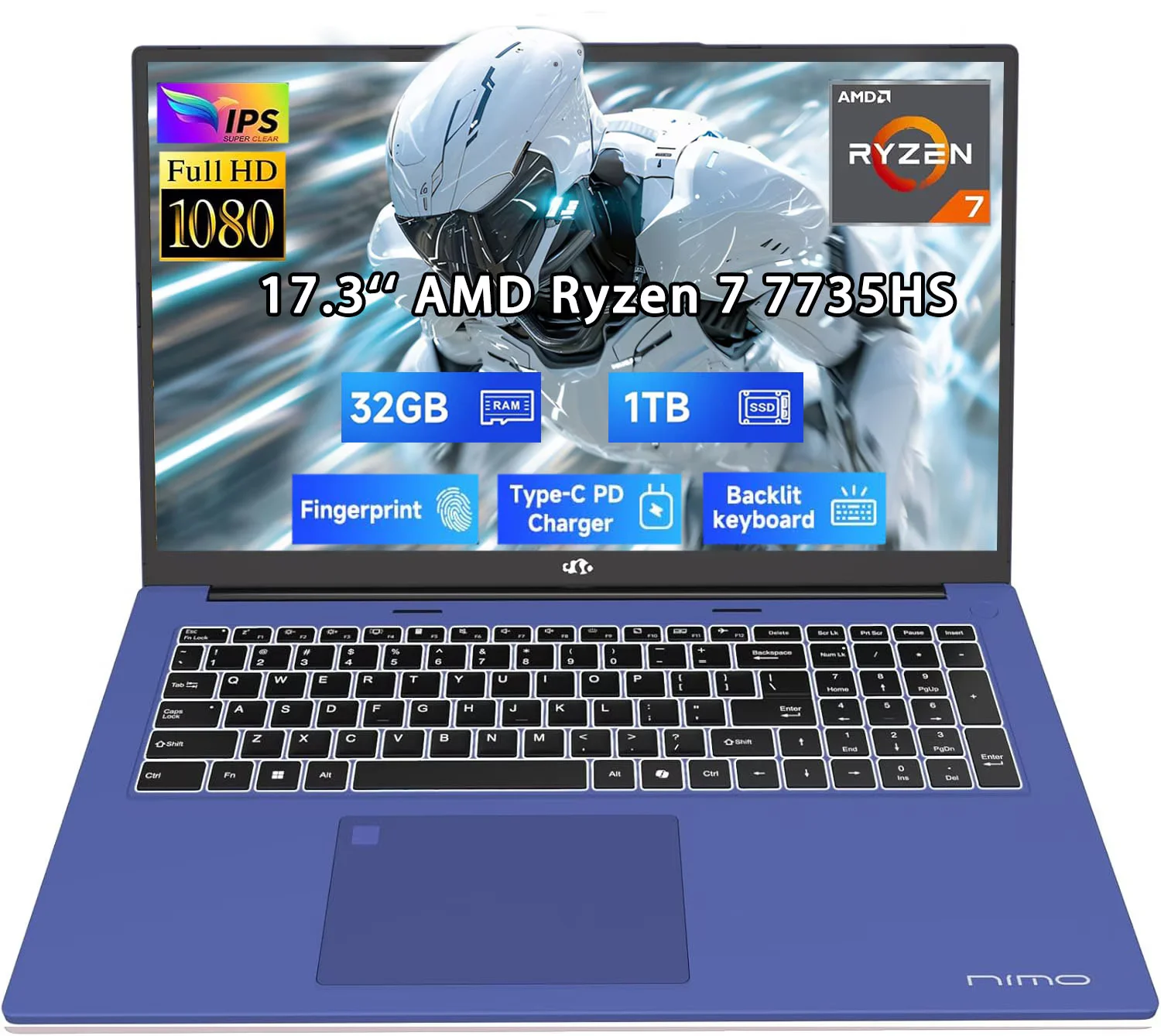 17.3" New Business Laptop, AMD Ryzen 7 7735HS (8C/16T), 16GB RAM 512GB NVMe SSD, Radeon 680M for Light Gaming, PD 100W Type-C WiFi-6E BT5.2 Fingerprint Unlock Backlit Keyboard for Working & Student