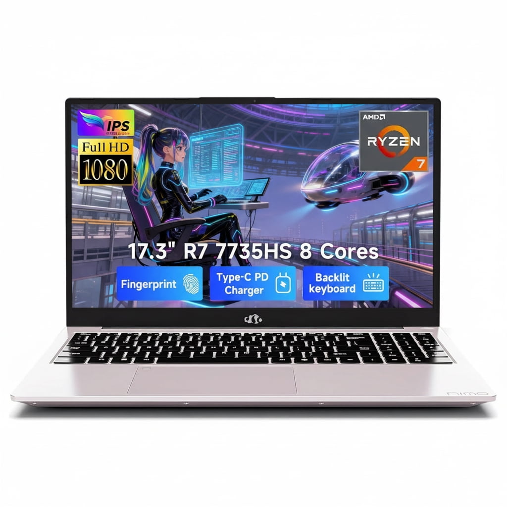 17.3" FHD Gaming Laptop AMD Ryzen 7 7735HS 64GB DDR5 RAM 1TB SSD (Beats i7-12650H, 8 Cores 16 Threads) with Radeon 680M Graphics 100W Type-C Wi-Fi 6E Backlit Keyboard Fingerprint