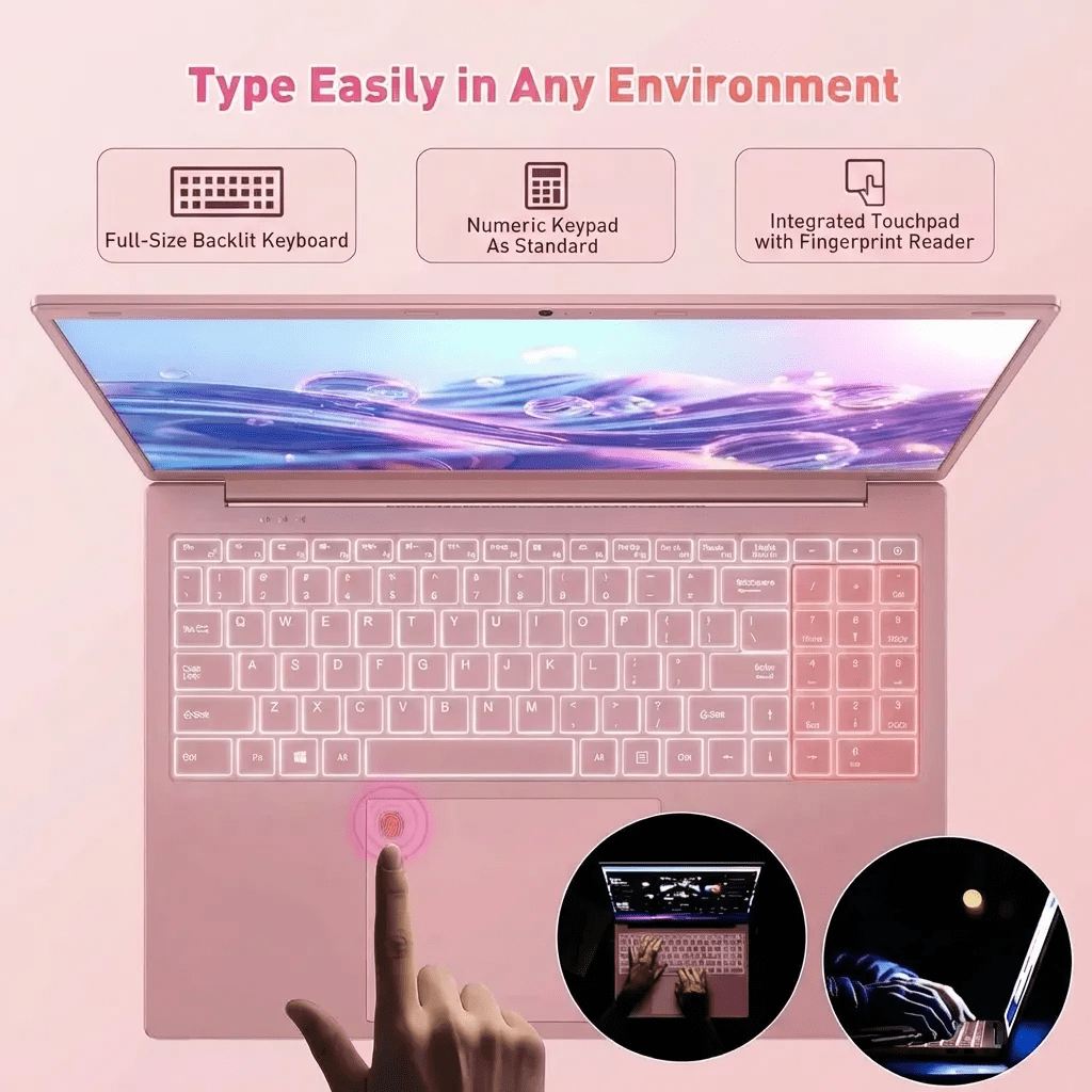 15.6" IPS FHD Pink Laptop, Office 2024, Windows11 Pro, 16GB RAM 512GB SSD, Intel Core i3, Backlit Keyboard Fingerprint Reader, Thin and Light 2026 NEW Notebook PC computer for Girls and Lady - Image 3