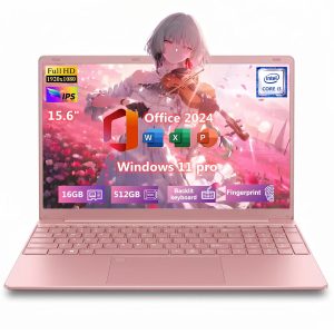 15.6" IPS FHD Pink Laptop, Office 2024, Windows11 Pro, 16GB RAM 512GB SSD, Intel Core i3, Backlit Keyboard Fingerprint Reader, Thin and Light 2026 NEW Notebook PC computer for Girls and Lady