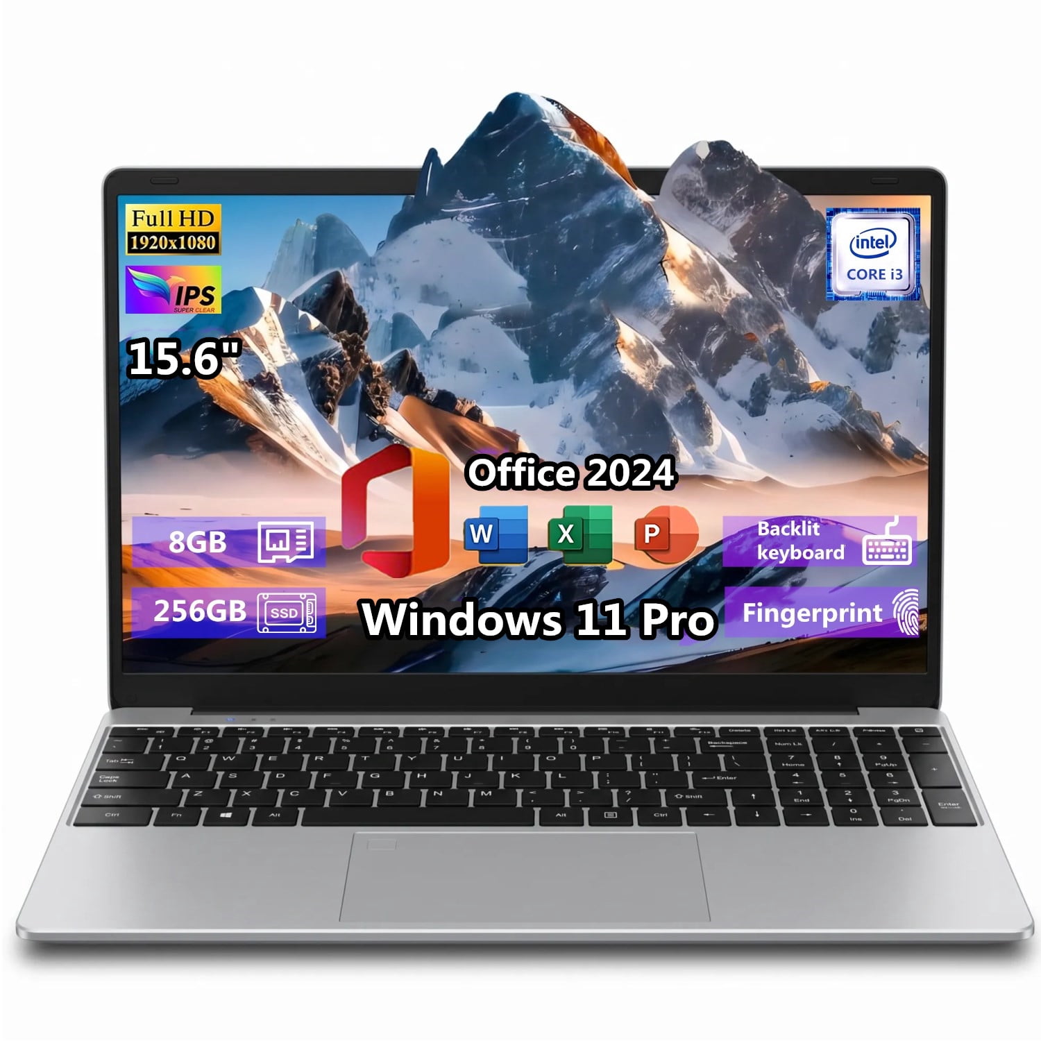 2026 New Silver Laptop, 15.6" IPS FHD Student Laptop, Office 2024, Windows 11 Pro, 8GB RAM 256GB SSD, Intel Core i3, Backlit Keyboard, Fingerprint Reader, USB3.0 WiFi5 for Study and Office Work