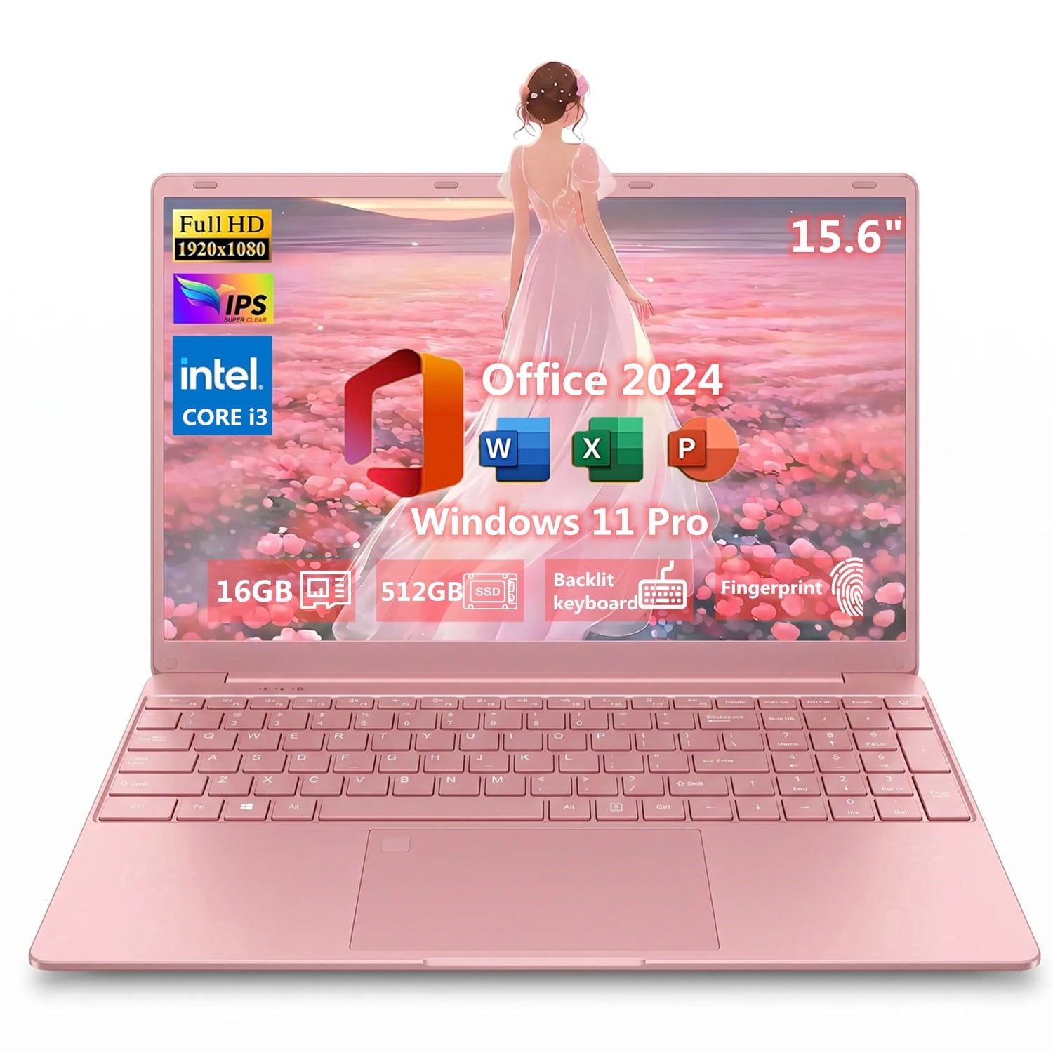 2026 NEW 15.6" IPS FHD Pink Laptop, Office 2024, Windows 11 Pro, 16GB RAM 512GB SSD, Intel Core i3, Backlit Keyboard, Fingerprint Reader, USB3.0 Webcam WiFi5, Student & Business Notebook computer