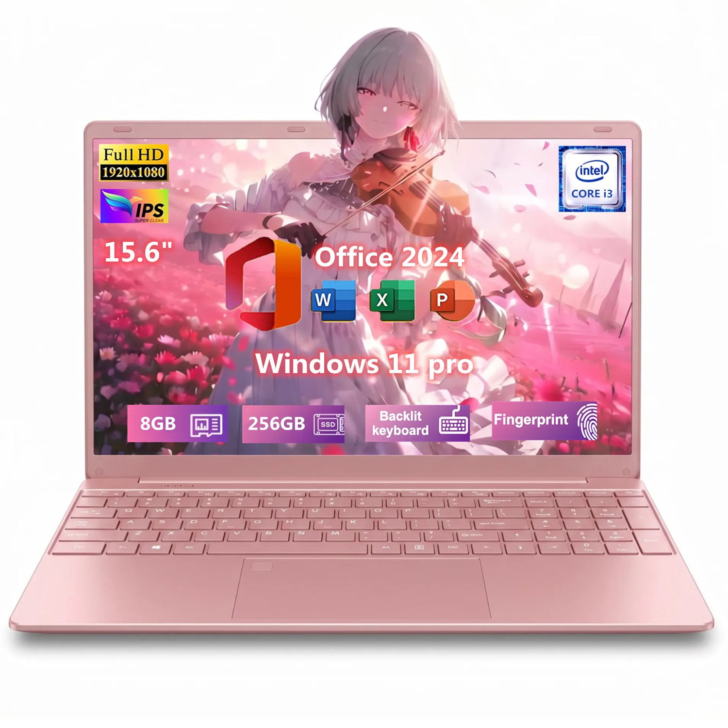 15.6" IPS FHD Pink Laptop, Office 2024, Windows11 Pro, 8GB RAM 256GB SSD, Intel Core i3, Backlit Keyboard Fingerprint Reader, Thin and Light 2026 NEW Notebook PC computer for Girls and Lady