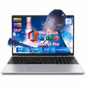 15.6" IPS FHD Laptop, Office 2024, Windows11 Pro, 8GB RAM 256GB SSD, Intel Core i3, Backlit Keyboard Fingerprint Reader, Thin and Light 2026 NEW Notebook PC computer for Study and Work, Silver