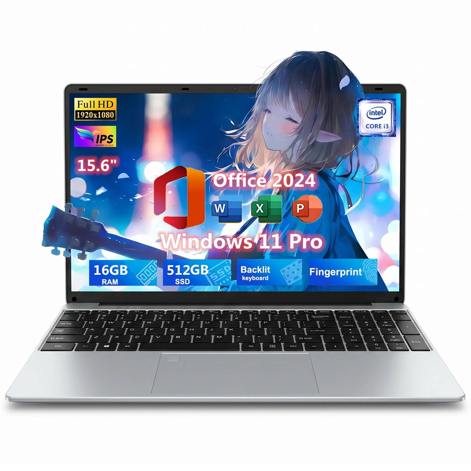15.6" IPS FHD Laptop, Office 2024, Windows11 Pro, 16GB RAM 512GB SSD, Intel Core i3, Backlit Keyboard Fingerprint Reader, Thin and Light 2026 NEW Notebook PC computer for Study and Work, Silver